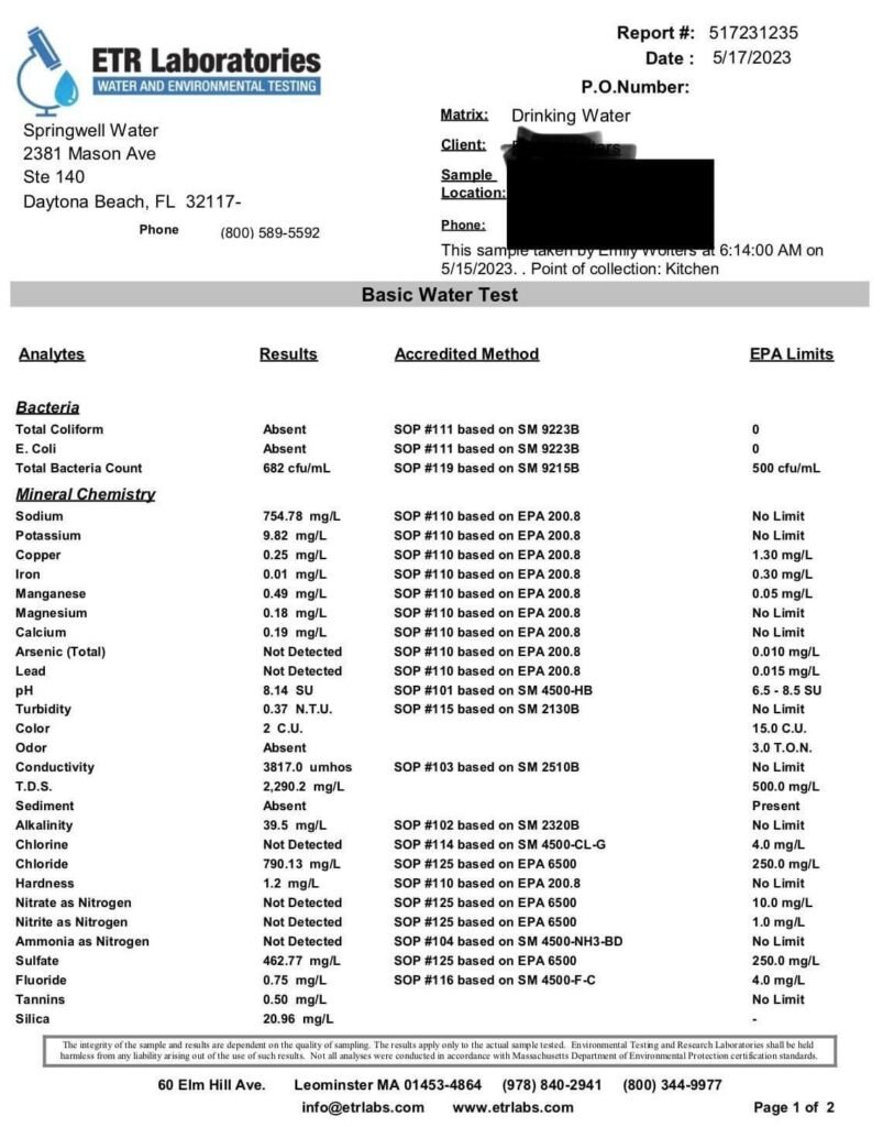 Water Test Result from ETR Laboratories